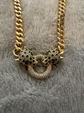 Gold-Tone Pavé Panther Link Necklace with Green and Black Accents